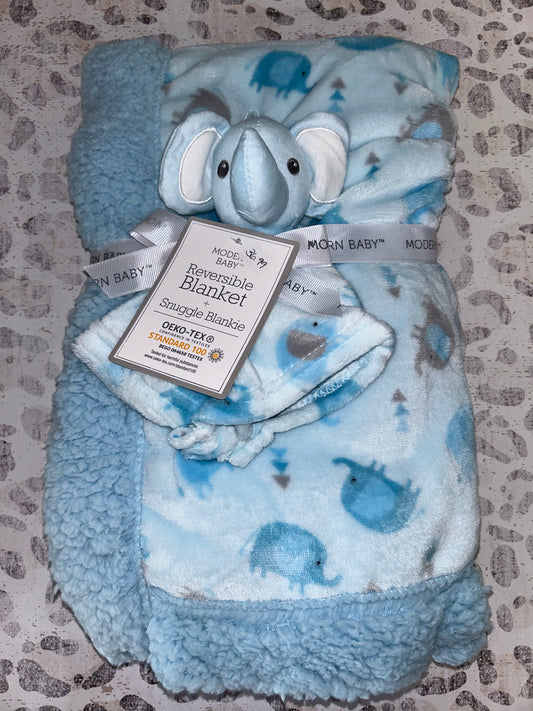 Modern Baby Blue & Gray Elephant Reversible Blanket & Snuggle Blankie Set