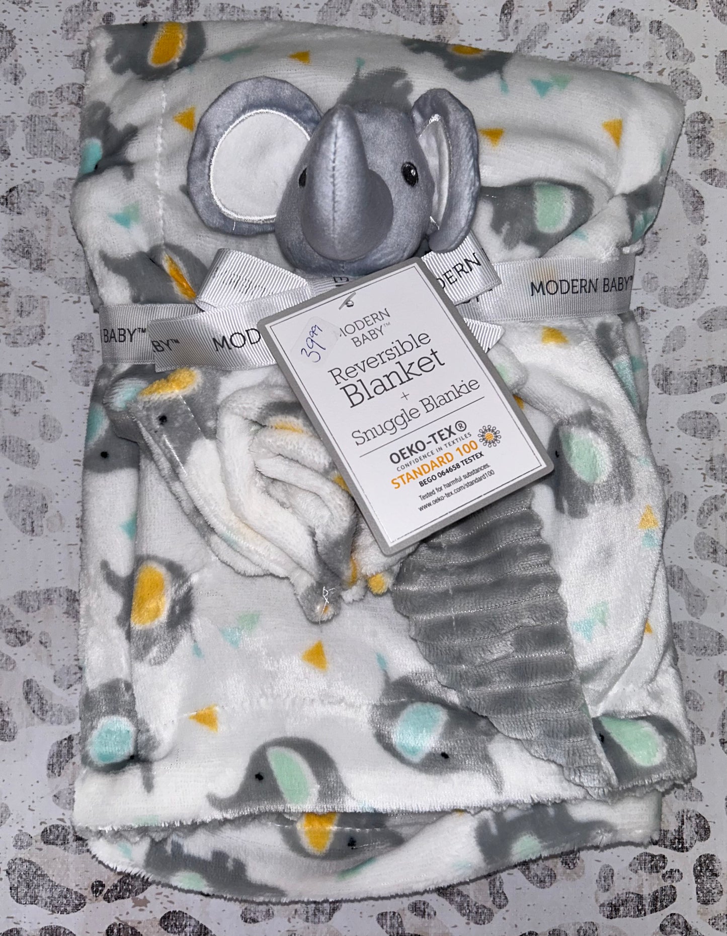 Modern Baby White & Gray Elephant Reversible Blanket & Snuggle Blanket Set