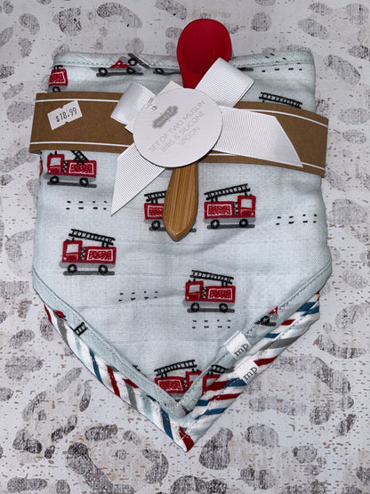 Mudpie Fire Truck Muslin Bib & Spoon Set