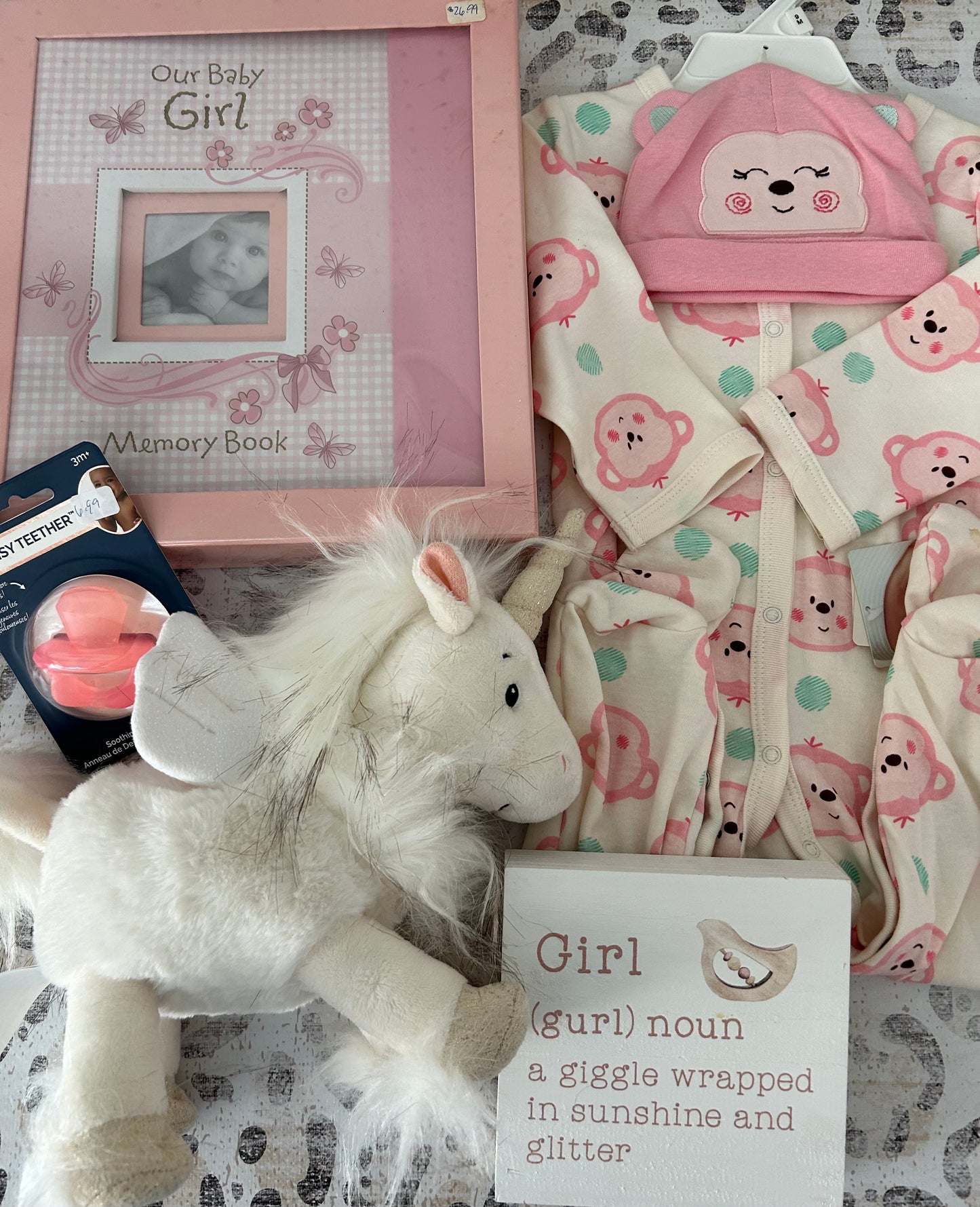 Pink Monkey Sleeper, "Girl" wooden sign, Unicorn stuffed animal, Pink Teether- Willow Kaye Graham