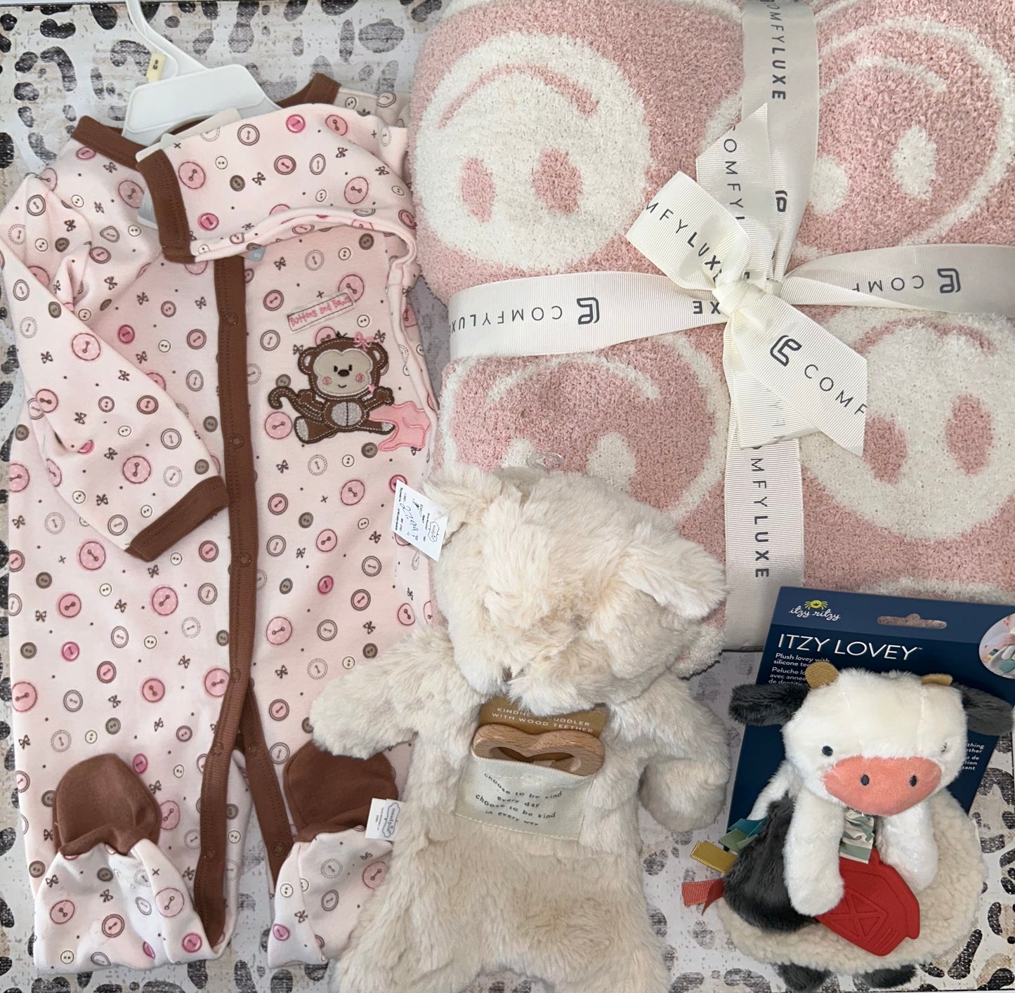 Pink Monkey button Sleeper, smiley blanket, cow lovey, bear cuddler- Willow Kaye Graham