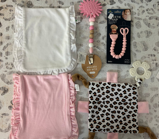 White burp cloth, pink burp cloth, leopard crinkle toy, pink Paci clip, pink flower teether- Payton Layne Gilliam