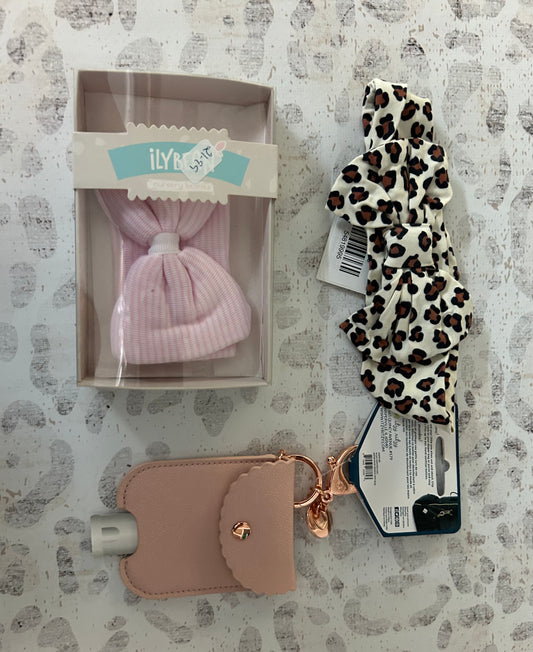 Leopard bow headband, pink baby beanie, hand sanitizer pouch- Payton Layne Gilliam