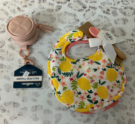 Lemon bib set with spoon, Paci pouch- Payton Layne Gilliam