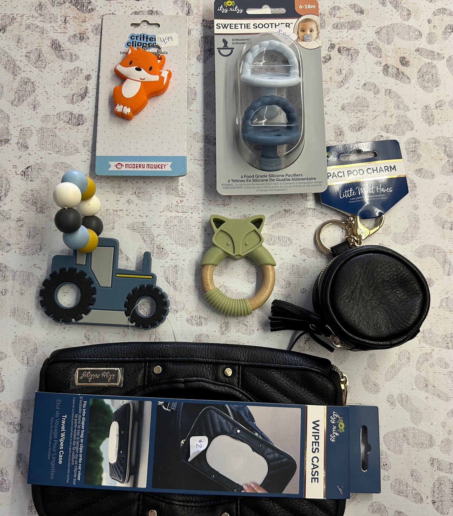 critter clippers, sweetie soothers, tractor teether, fox teether, Paci pouch, wipes case- Baby Boy Vice