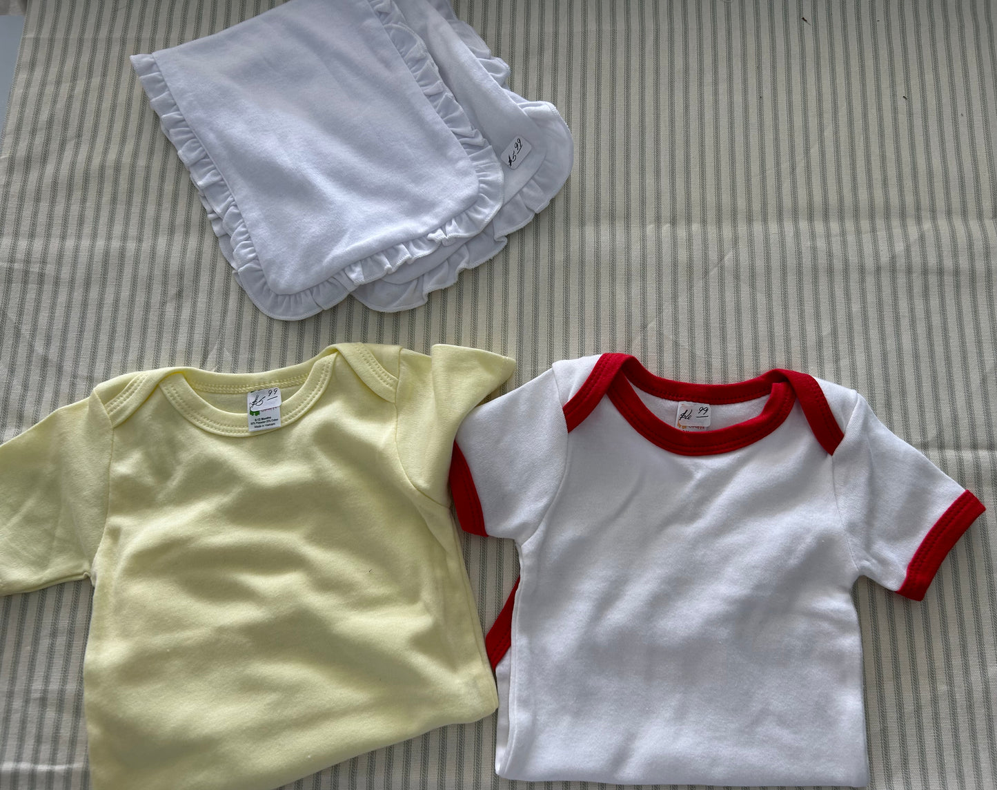 Yellow Bodysuit, Red & White Bodysuit, Ruffle burp cloths - Callie Beth McDonald