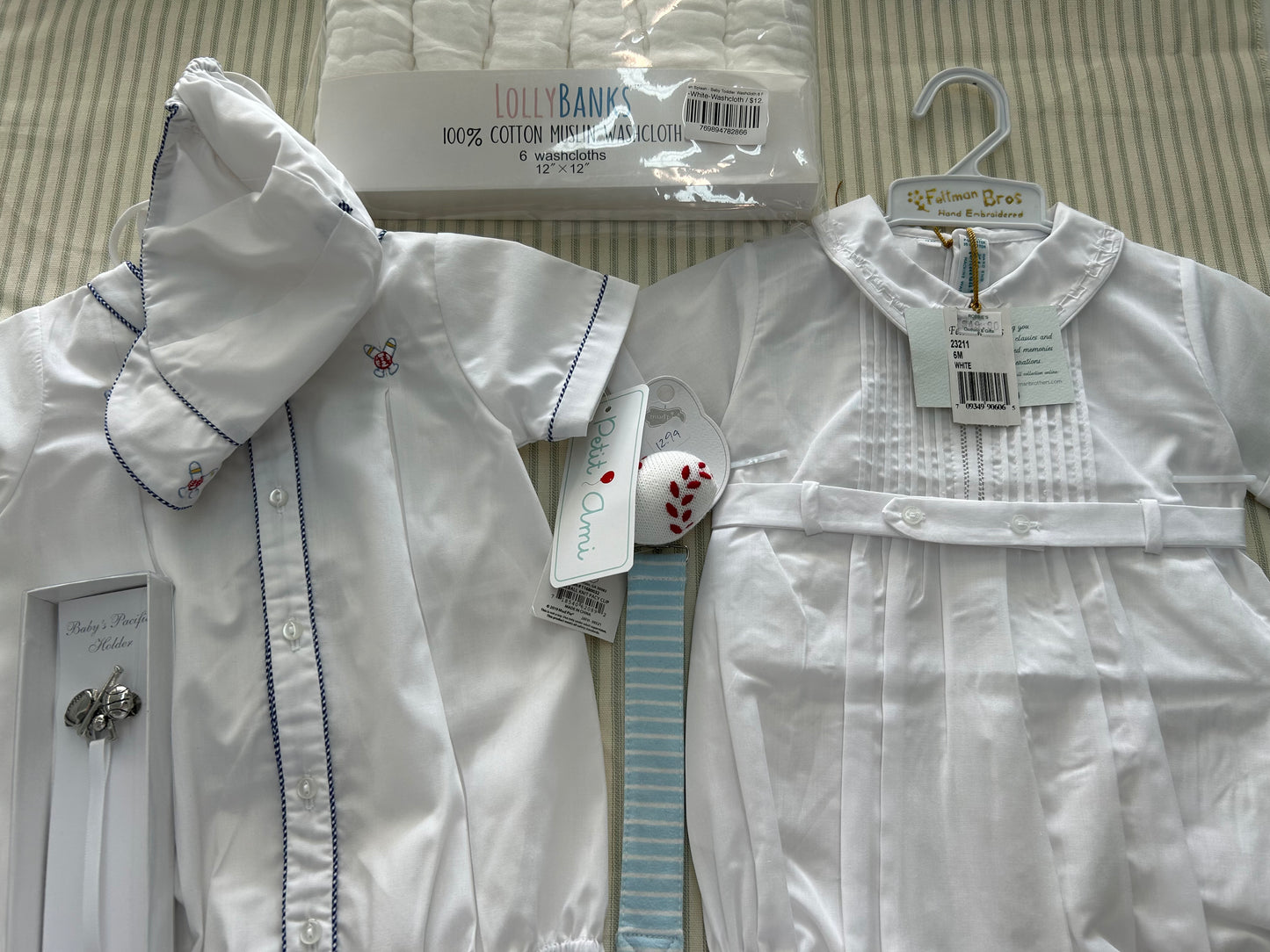 Feltman Brothers white bubble, baseball Paci clip, wash cloths - Hillis Baby