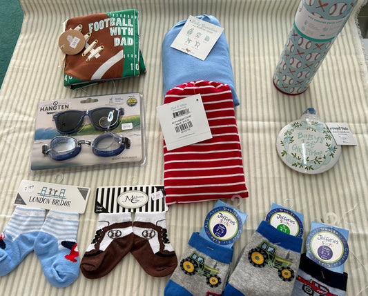 socks, swim goggles, ornament, carrier covers, football book, baseball sippy - Hillis Baby