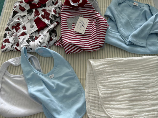 Bama pjs, bibs, burp cloths, blue gown, elephant outfit - Hillis Baby