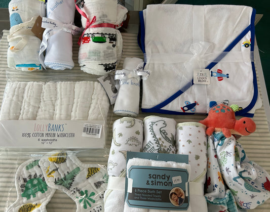 Swaddles, washcloths, bath towels, Dino lovey, Dino bib - Clark Baby