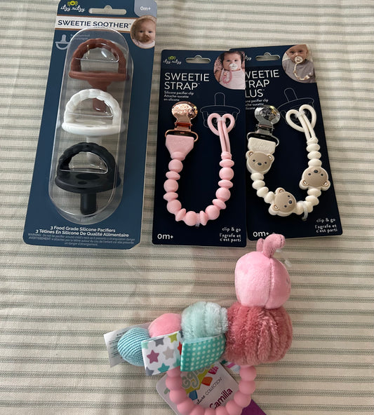 Pacifiers, Paci Clips, Caterpillar Rattle - Trice Baby