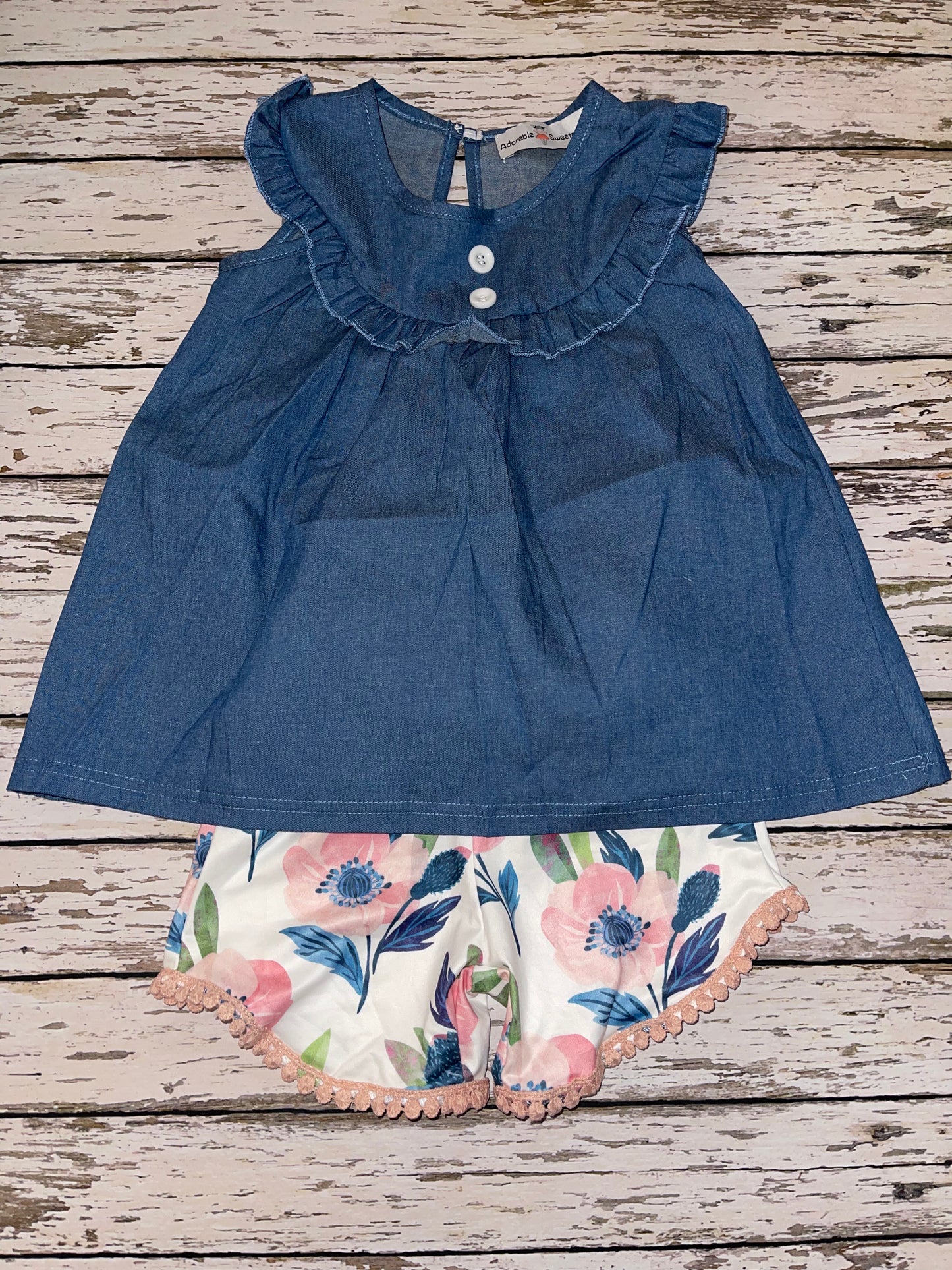 Adorable Sweetness Kids Jean Floral Ruffle Button Summer Two Piece Set