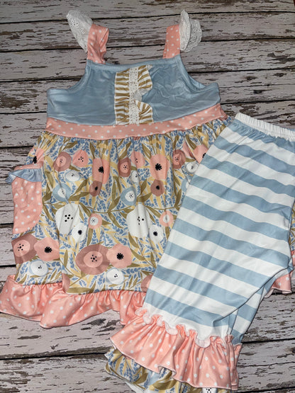 Adorable Sweetness Kids Gray & Peach Floral Stripe Ruffle Lace Pocket Capri Set