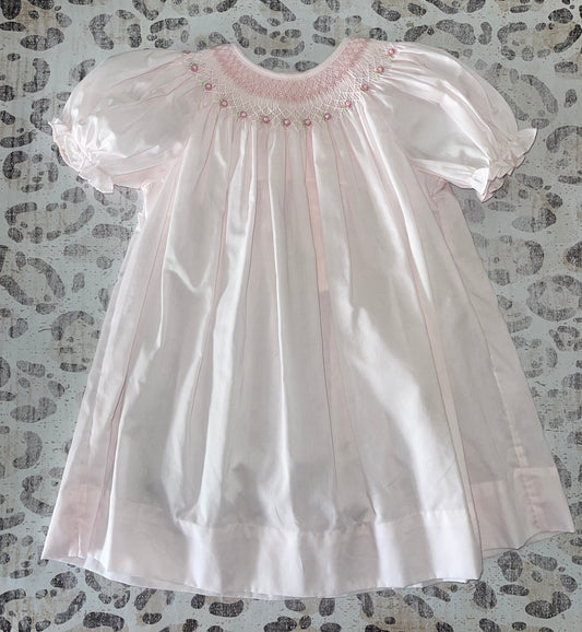 Petit Ami Pink Bishop Smocked Heirloom Dress with Rosette flowers