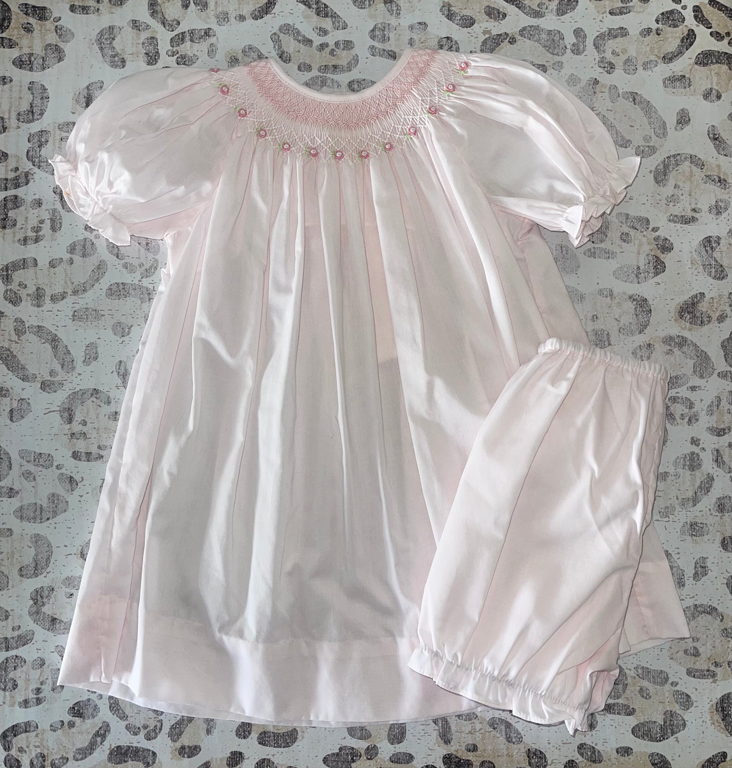 Petit Ami Pink Bishop Smocked Heirloom Dress with Rosette flowers