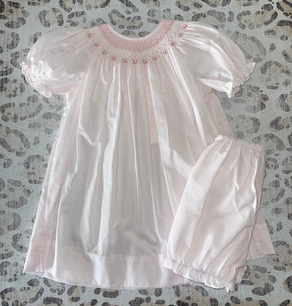 Petit Ami Pink Bishop Smocked Heirloom Dress with Rosette flowers