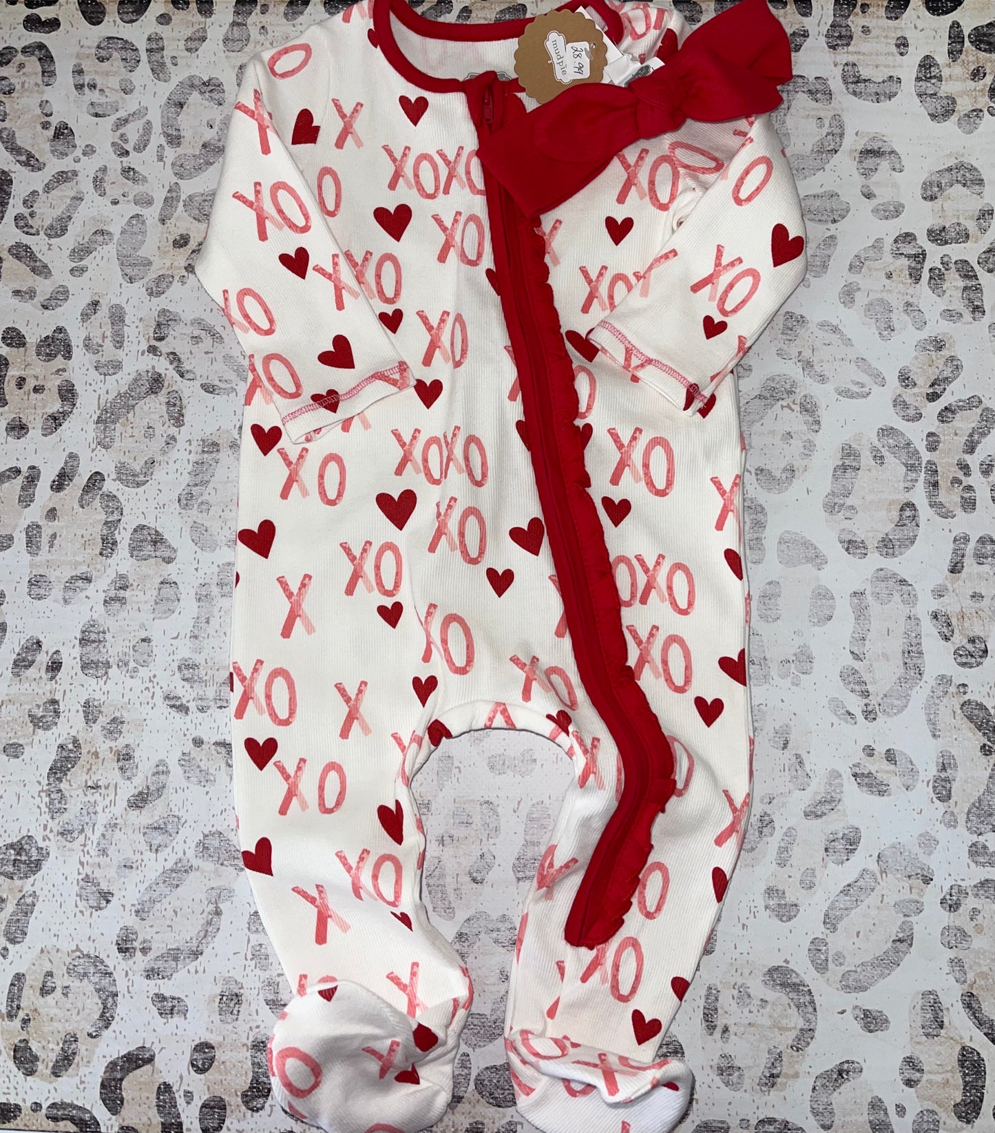 Mudpie XO Footed Sleeper with Red Headband