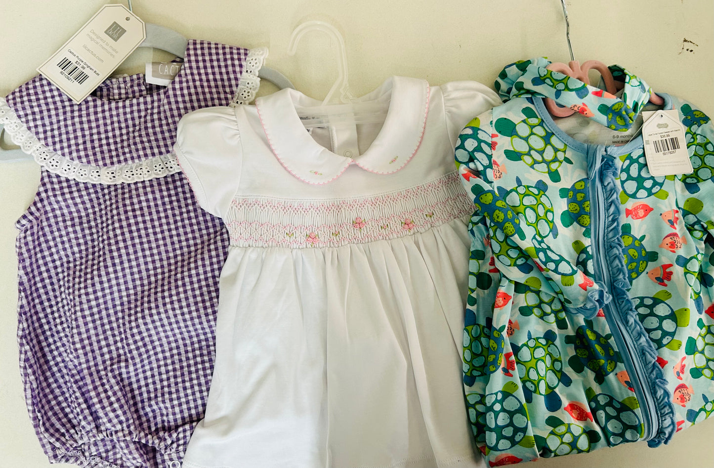 Purple Gingham Bubble, Smocked Dress, Turtle footie- Davis Baby