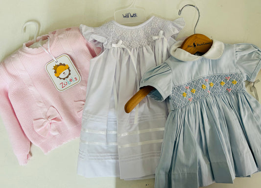 Pink Sweater, White Smocked Dress, Blue Smocked Dress- Davis Baby