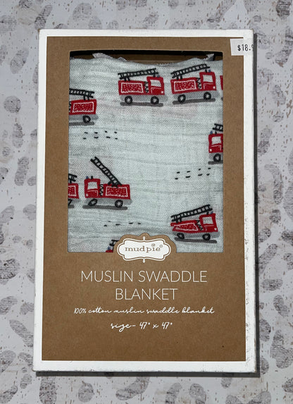 Mudpie Fire Trucks Muslin Swaddle Blanket