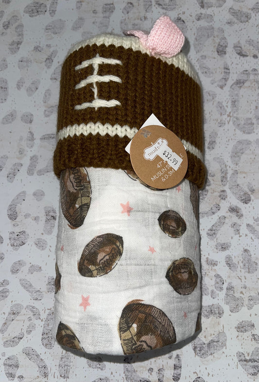 Mudpie Girls Football Muslin Swaddle with Baby Hat