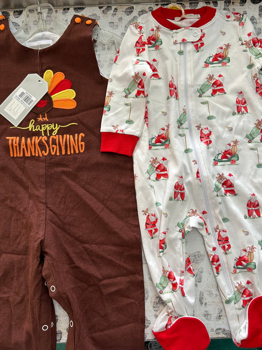 Thanksgiving Romper, Golfing Santa footie - Saia Baby