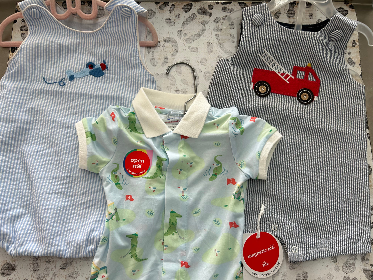 Gator Shortfall, Airplane Bubble, Firetruck romper - Saia Baby