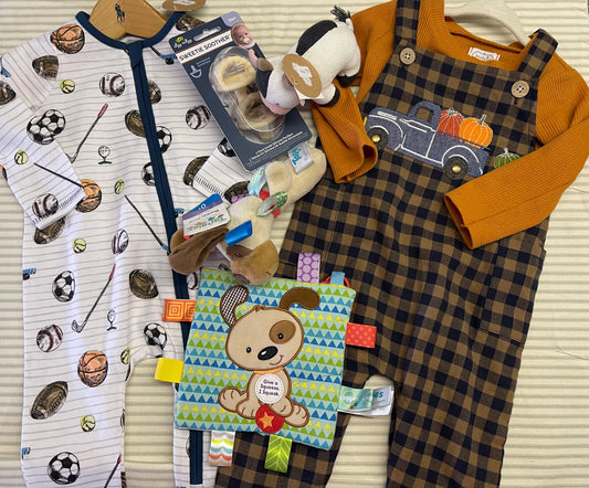 Sports Sleeper, Fall overalls, dog taggie, dog rattle, cow rattle, neutral pacifiers  - Swanger Baby