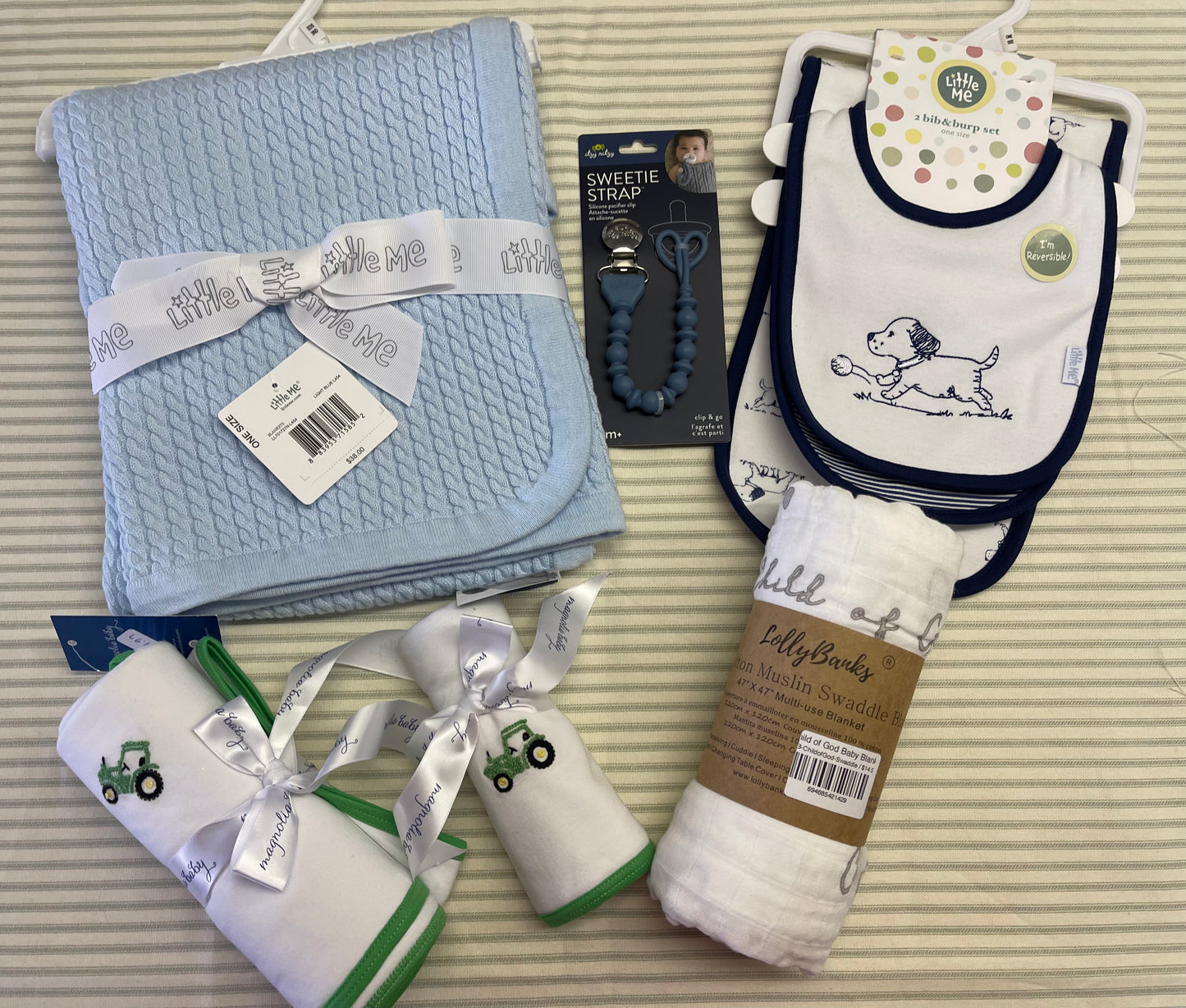 Light Blue blanket, Tractor blanket, Tractor burp cloth, Child of God swaddle, blue Paci strap, dog bib set  - Swanger Baby