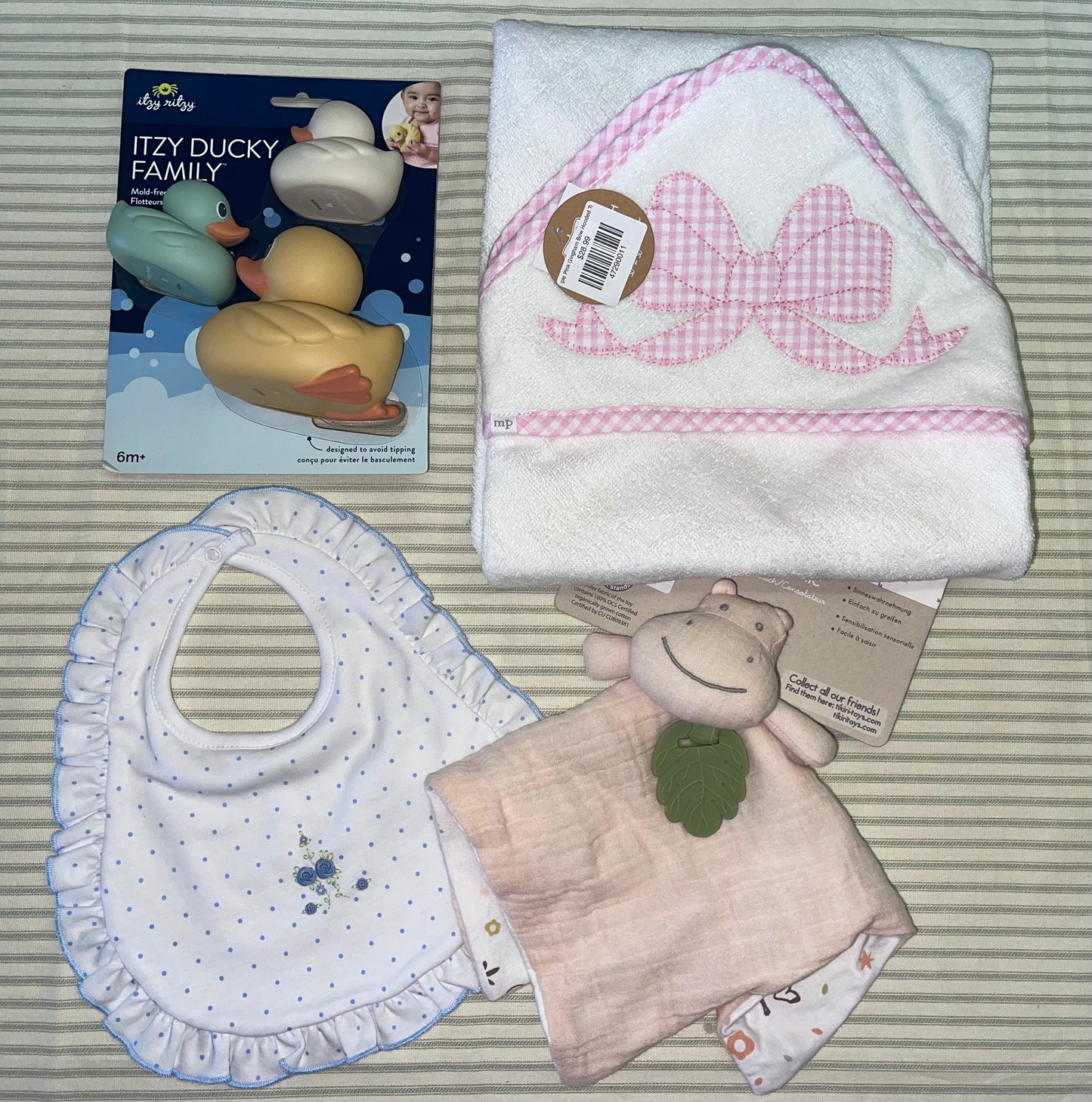 Blue & White Bib, Bow Hooded Towel, Hippo Lovey, Rubber Ducky Set - Smith Baby