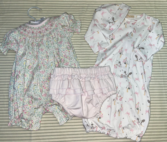 Floral bubble, Stork Gown & Hat set, Pink Bloomers - Smith Baby