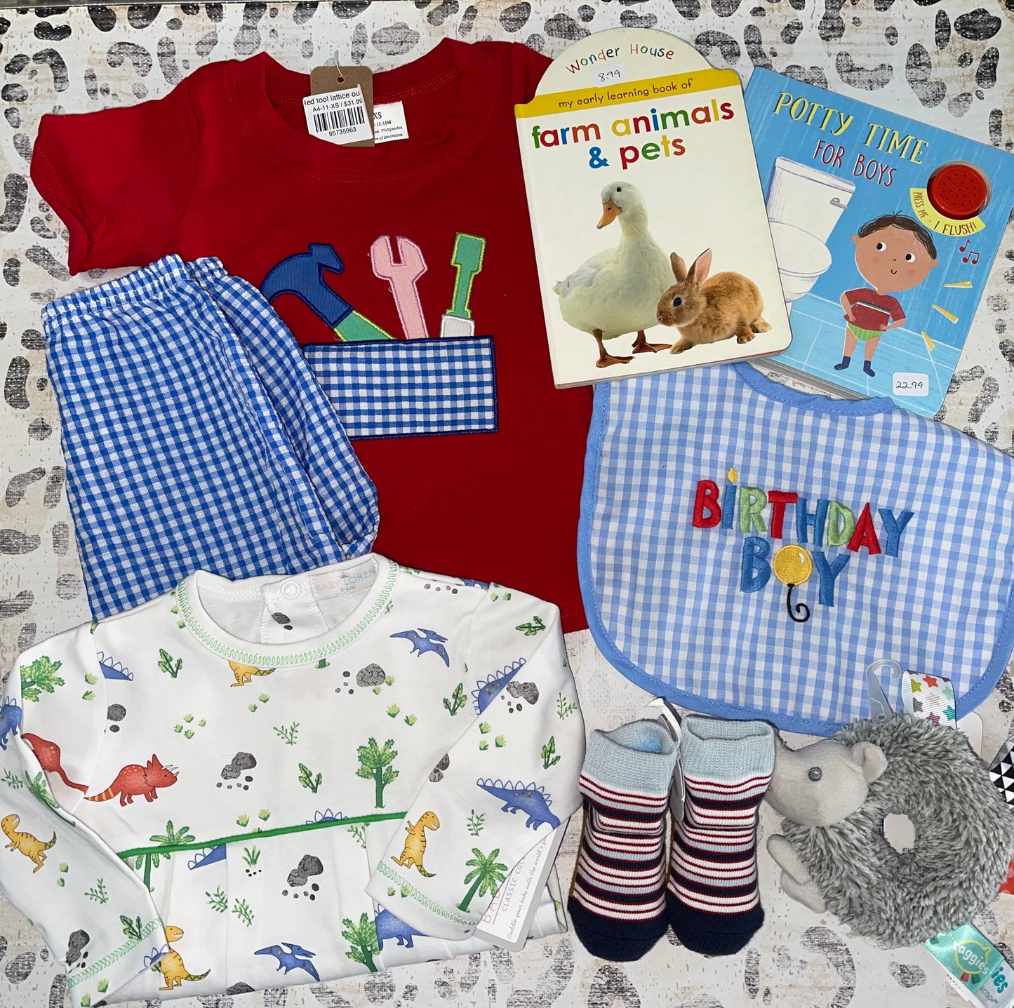 Outfit set, bubble, books, birthday bib, socks, rattle- Stough Baby