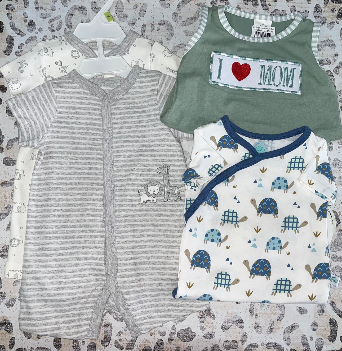 Turtle bodysuit, I love Mom bubble, LM Safari romper set- Stough Baby