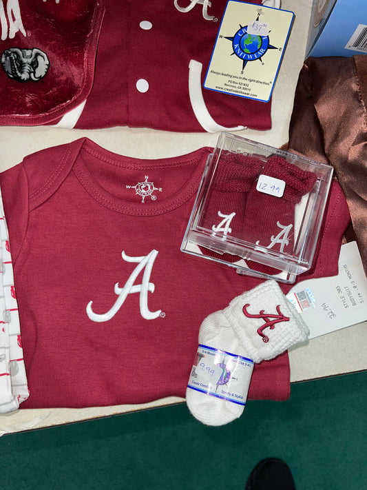 Alabama Onesie, White Alabama Socks, Crimson Socks