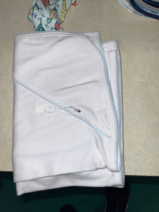 White with blue trim hooded blanket