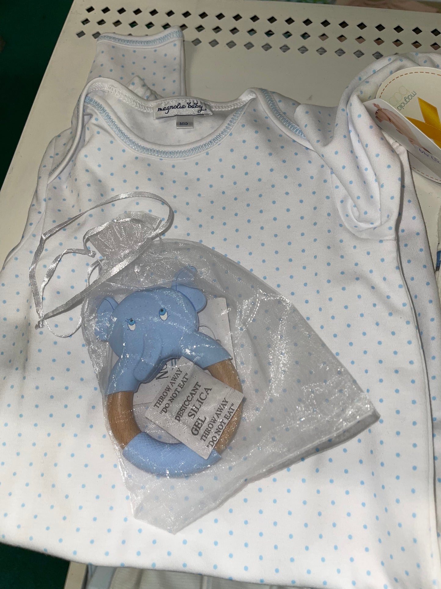 MB Blue Dotted Gown & Elephant Teether