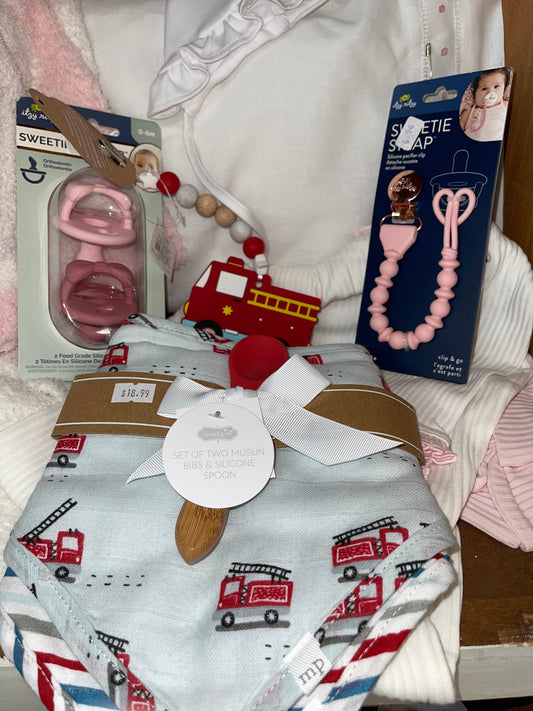 Firetruck Bib Set, Firetruck Teether, Pink Paci clip, & Pink Paci Set