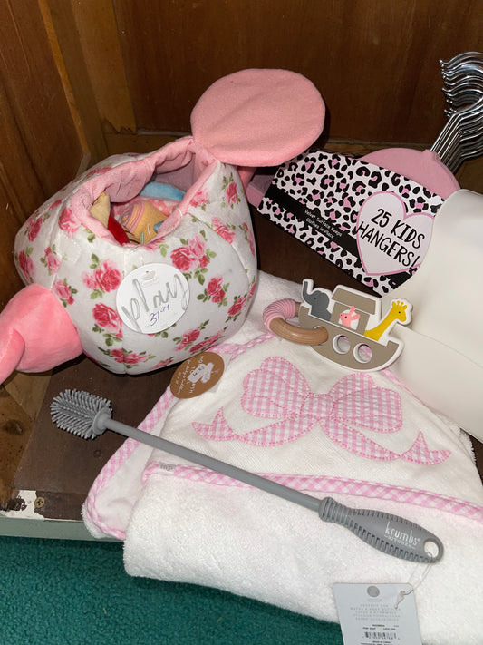 Tea Pot Play Set, Pink Hangers, Noah's Ark Teether, Bow Hooded Towel, & Bottle Brush