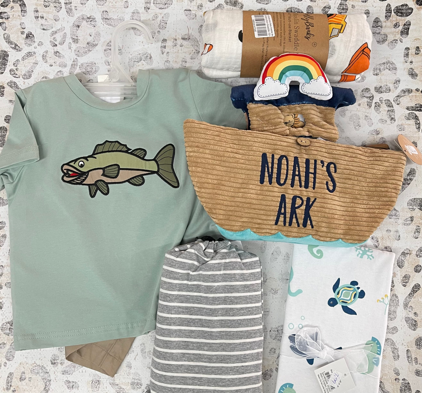 Fish outfit, Noah's Ark toy, swaddle, burp cloth, baby guardian- Nichols Baby