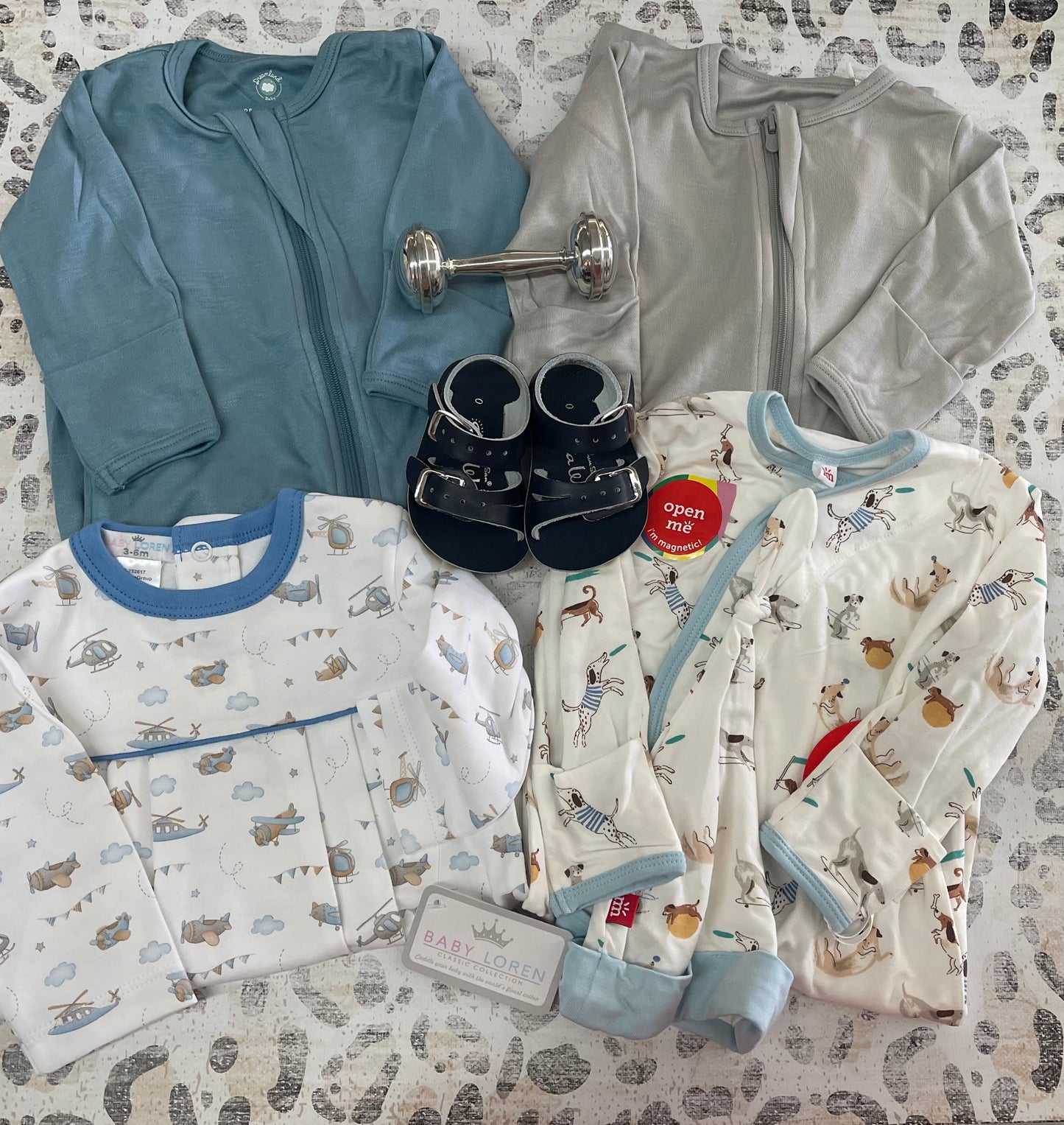 Sleepers, Bubble outfit, Magnetic gown set, Silver Rattle, Sandals- Eason Baby