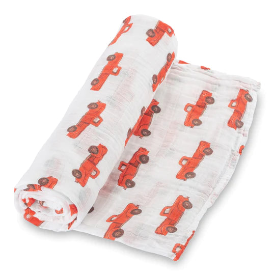 Lolly Banks Red Truck Cotton Muslin Swaddle Blanket