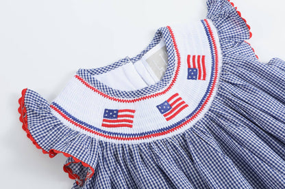 Lil Cactus Blue USA Flag Smocked Bishop Dress