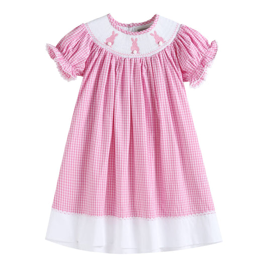 Lil Cactus Pink Gingham Easter Bunny Smocked Bishop Dress