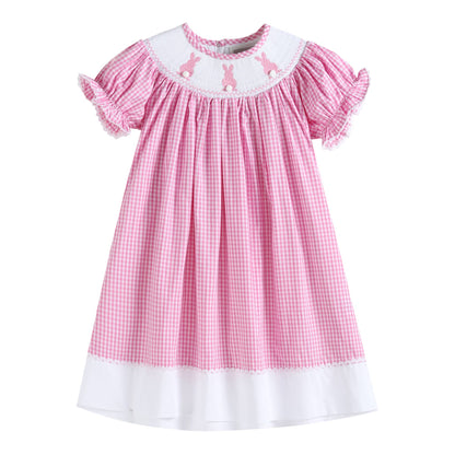 Lil Cactus Pink Gingham Easter Bunny Smocked Bishop Dress