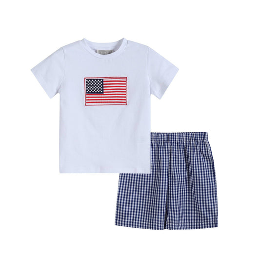 Lil Cactus Royal Blue Gingham American Flag Shirt and Shorts Set