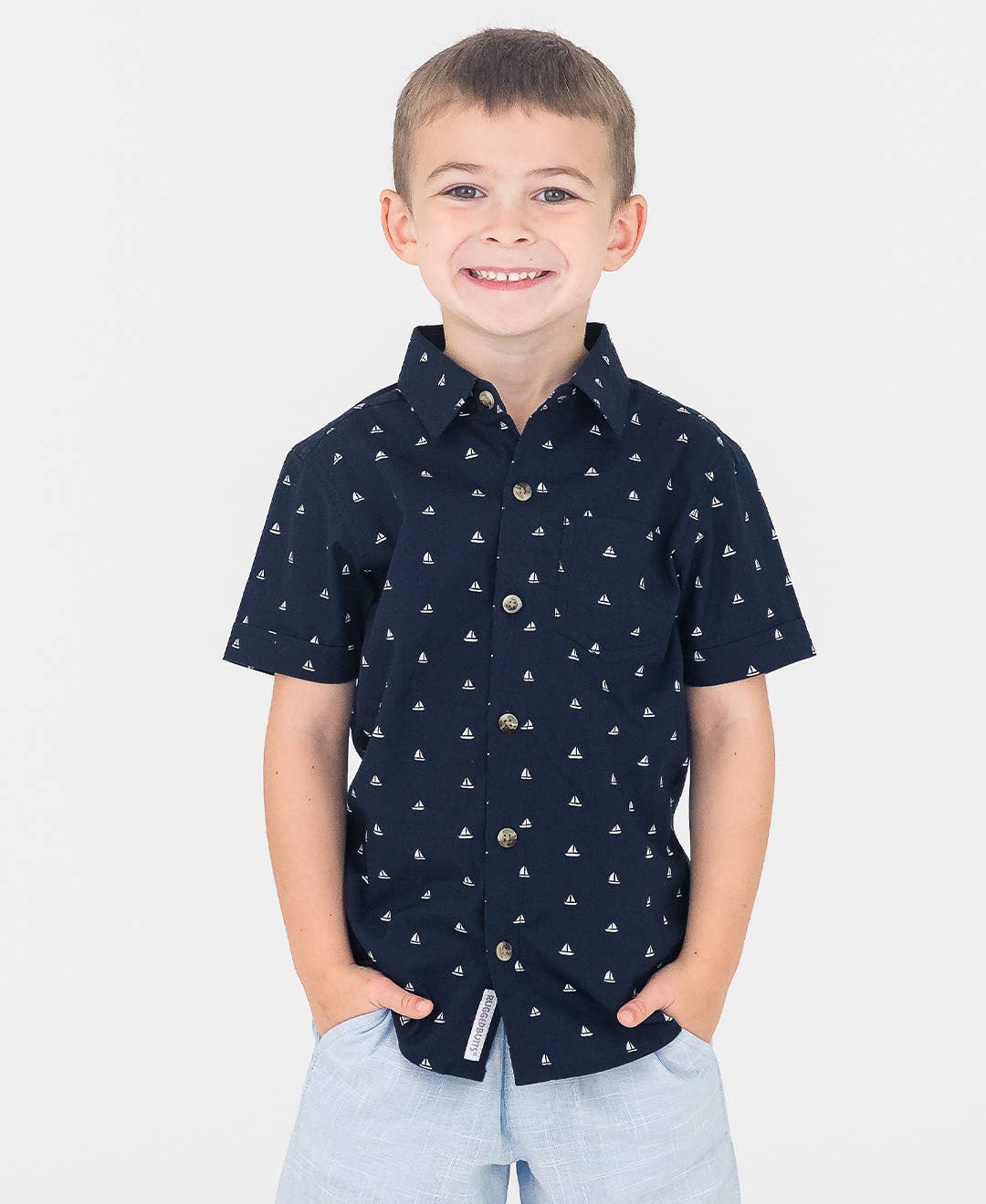 Navy Sailboats Short Sleeve Button Down Shirt