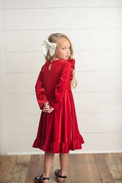 Kids Red Velvet Ruffle Fancy Winter Christmas Party Dress