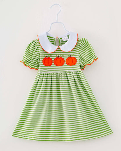 Green Stripe Pumpkin Girl Twirl Fall Dresses Kids Clothes