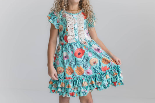 Adorable Sweetness Kids Teal Floral Lace Ruffle Button Spring Easter Dress