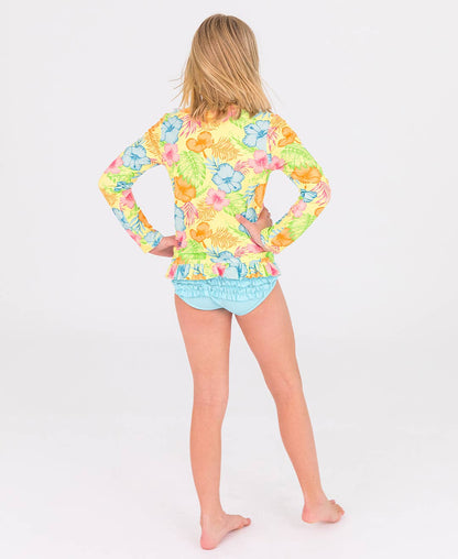 Ruffle Butts Happy Hula Long Sleeve Ruffled Rash Guard 2-Piece Yellow